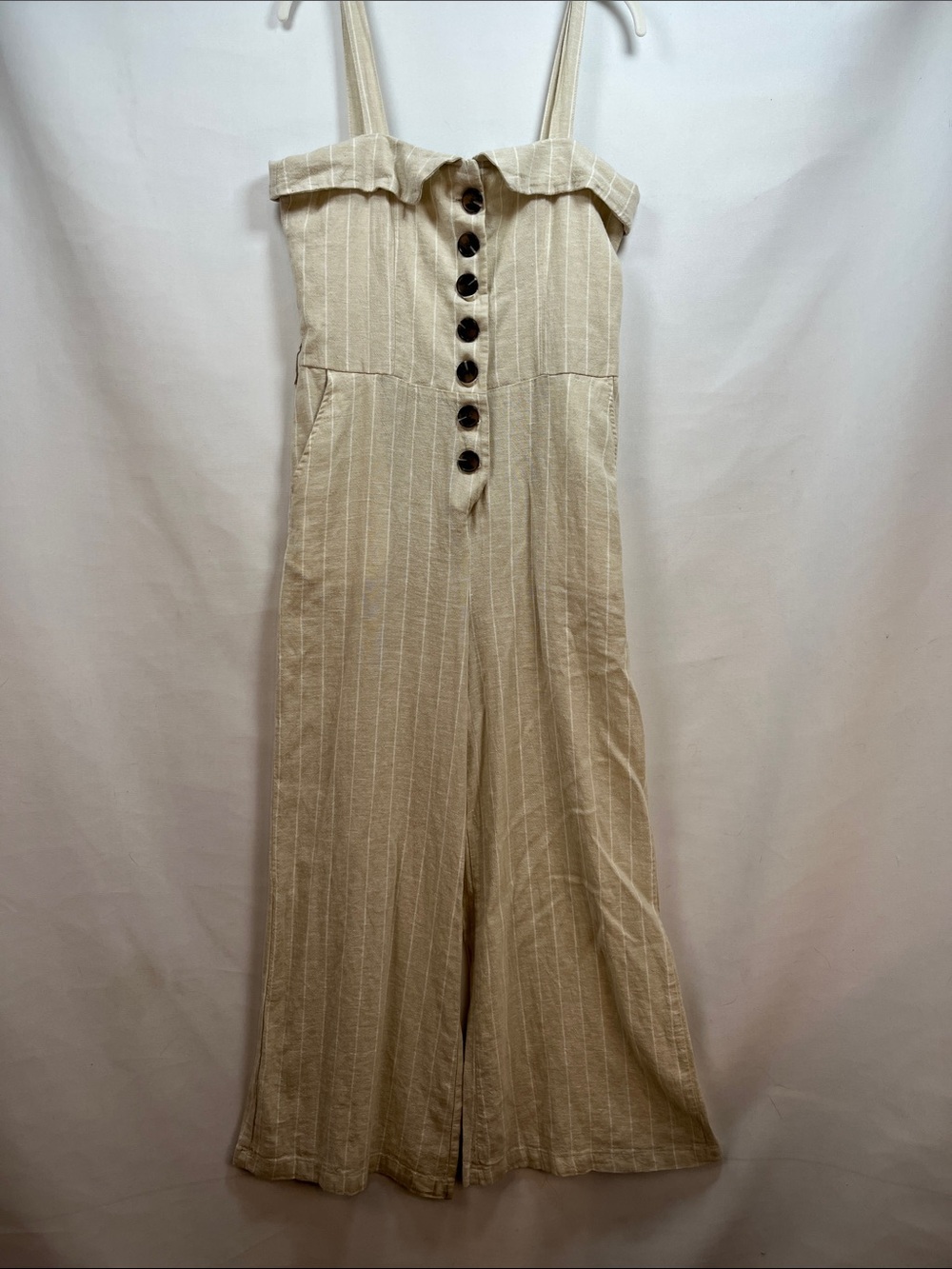 Indigo Rein Neutral Striped Button Front Linen Blend Jumpsuit Large